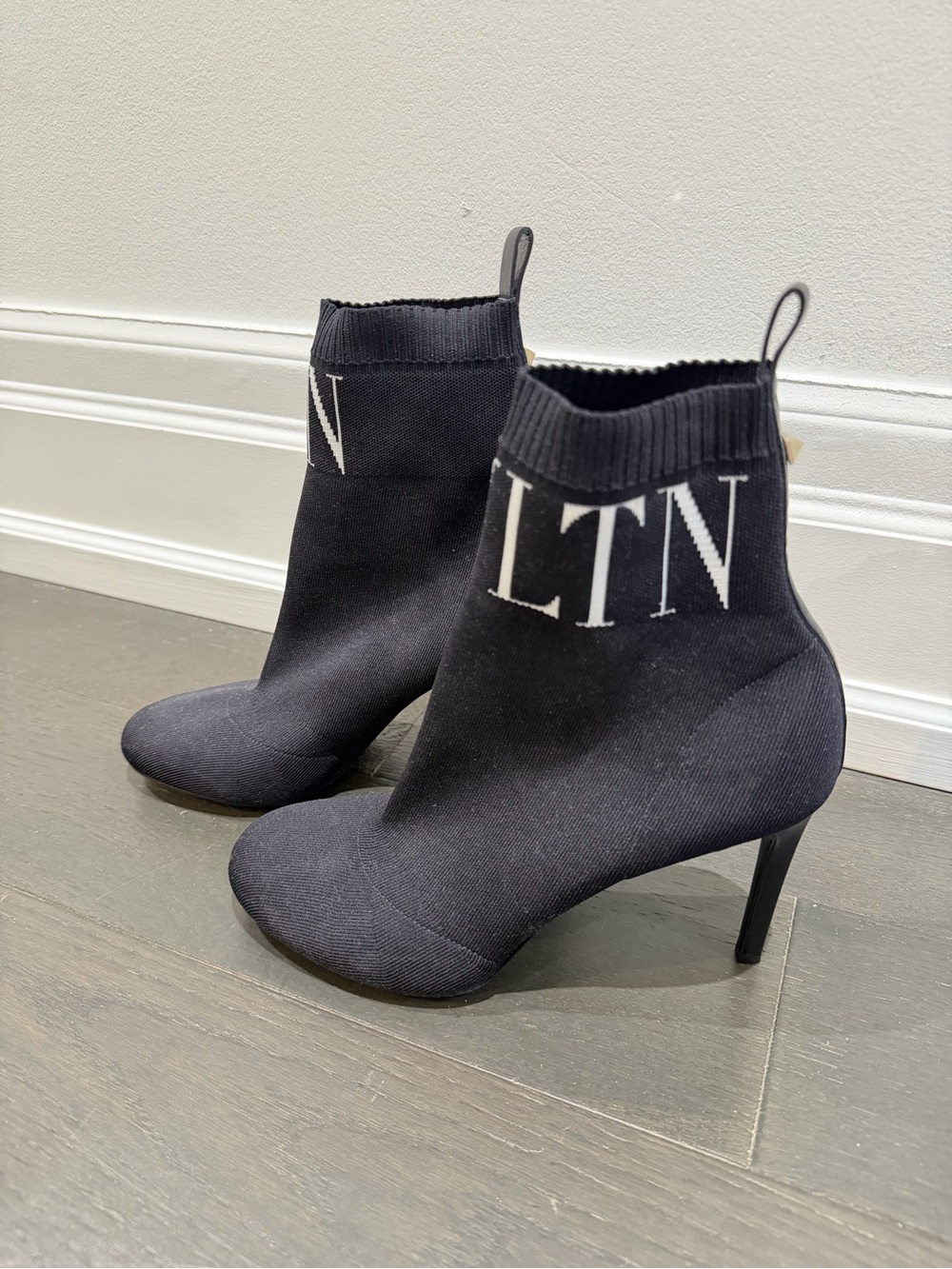 Valentino Black Knit VLTN logo Sock Ankle Boots